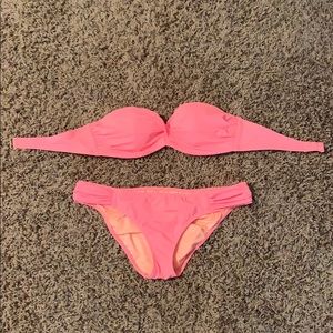 Neon coral bikini. Push-up top 32B. Small bottom.